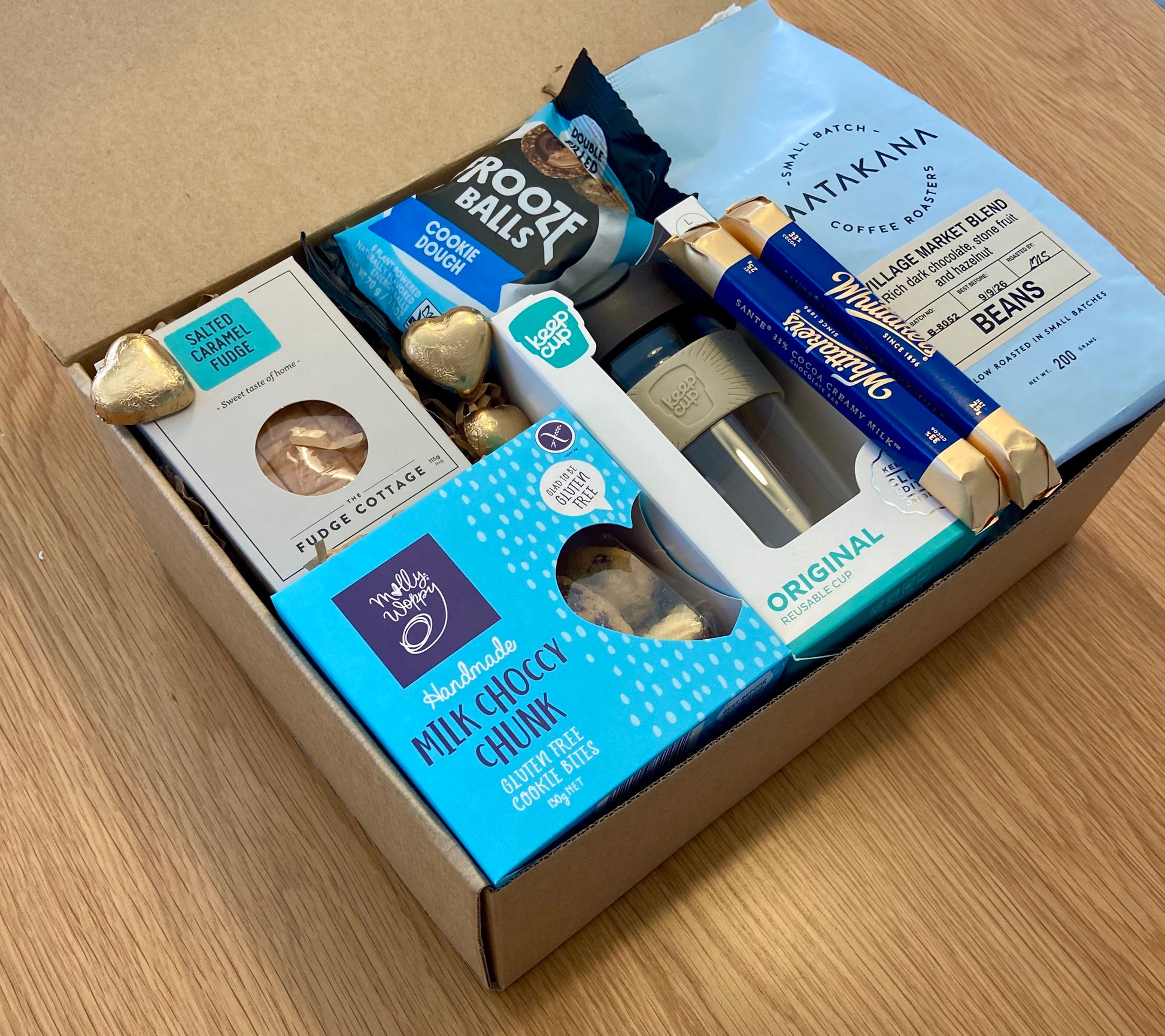 Brewed for Dad gift box featuring New Zealand coffee, KeepCup, chocolate, cookies and fudge
