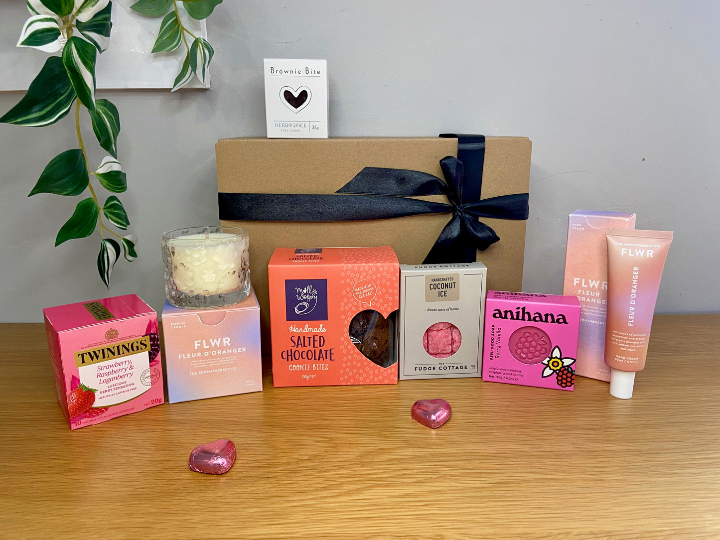Pink pamper gift box with candle and self care products