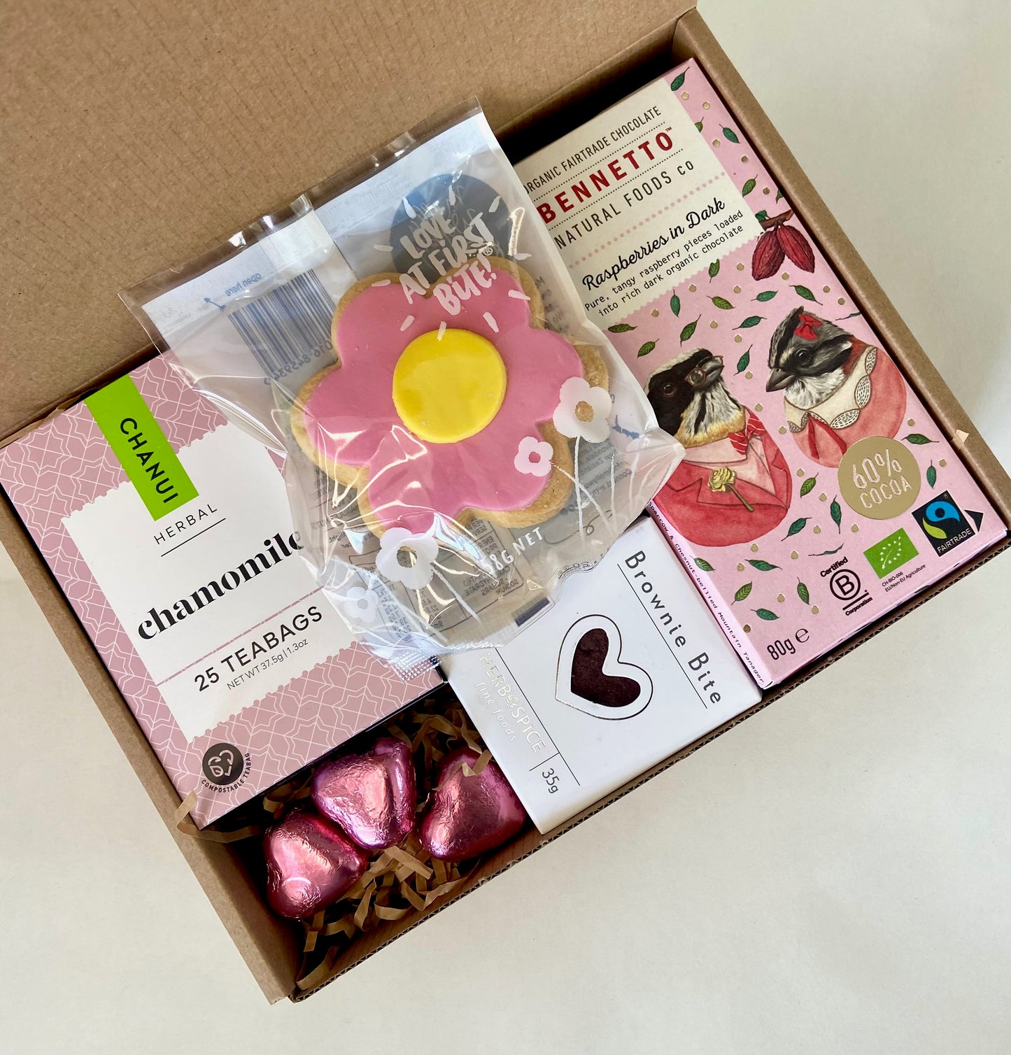 Affordable pink gift box with chocolates and tea, $39.00.